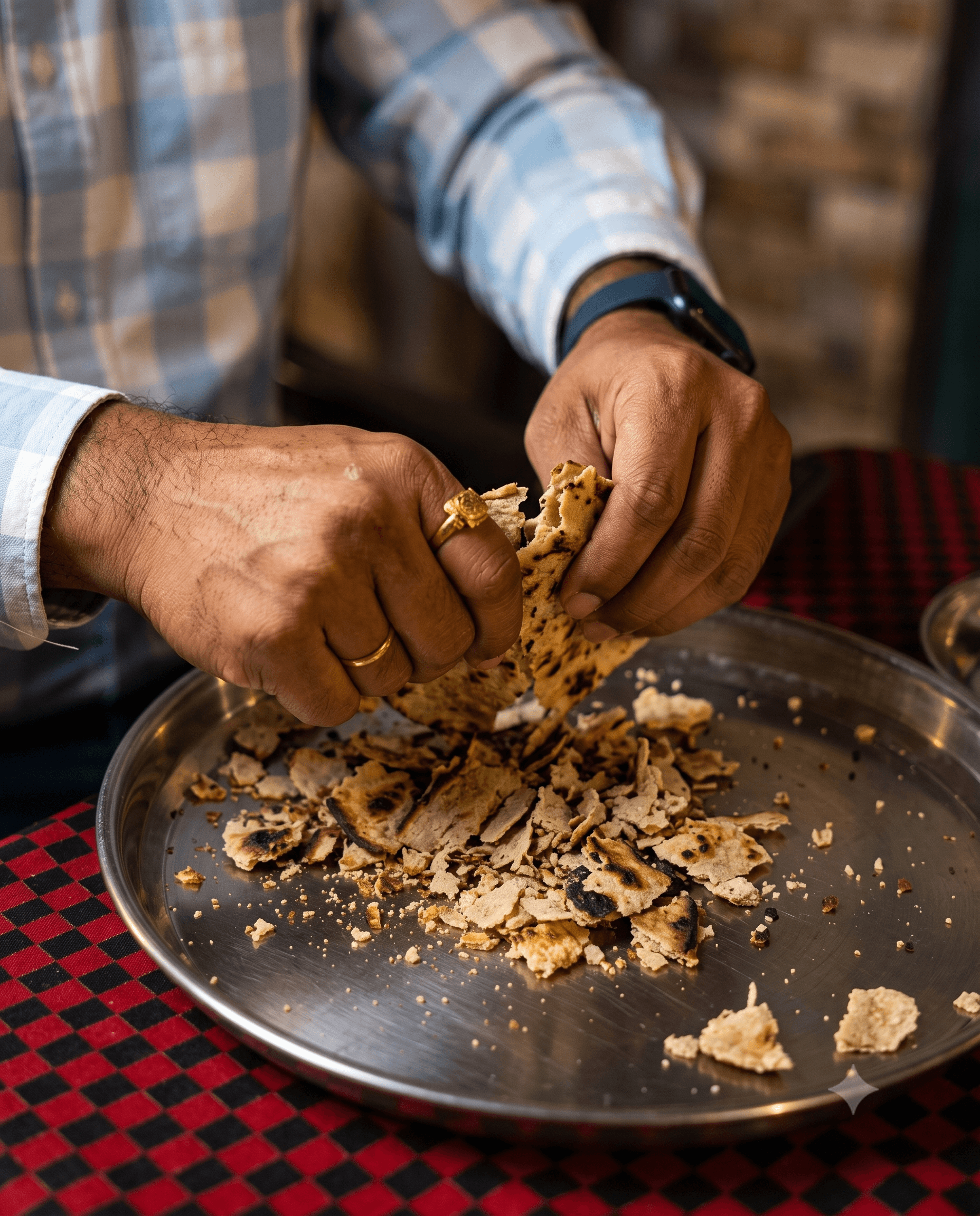 Hands crumbling a fresh jowar bhakri on a steel thali at Hotel Chul — the churun bhakri ritual