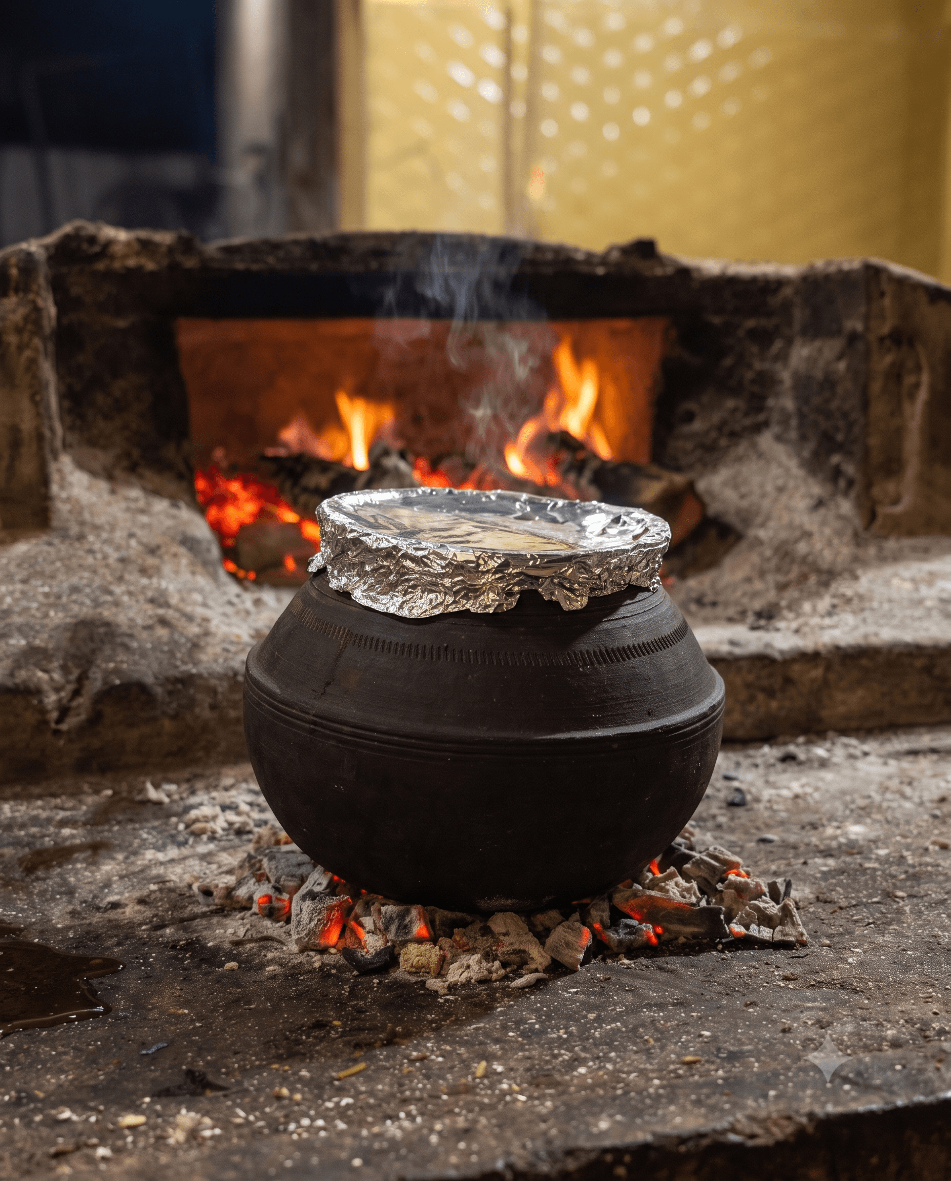 Champaran Mutton sealed in a clay handi, slow-cooking over a wood fire at Hotel Chul, Aurangabad